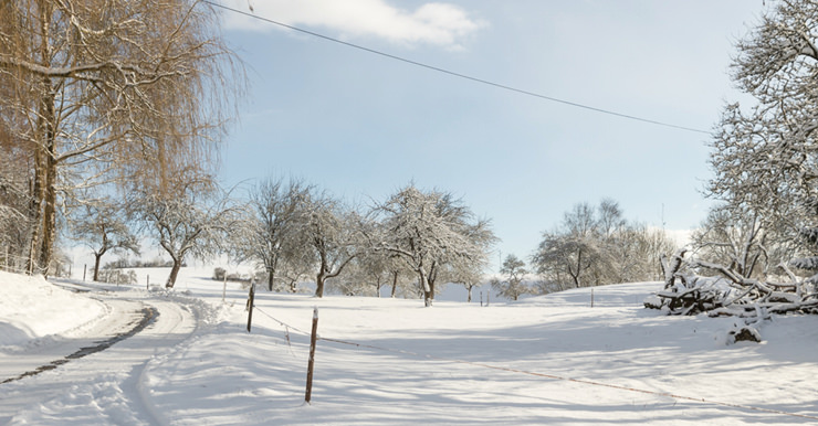 Blick auf den Bauernhof im Winter